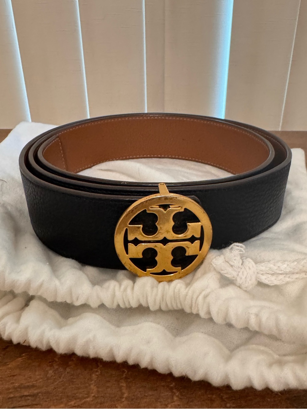 Tory Burch Miller Iconic Logo Belt Black and Gold Size Large